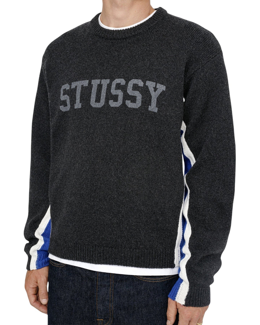 STUSSY CONTRAST STRIPE CREW CHARCOAL