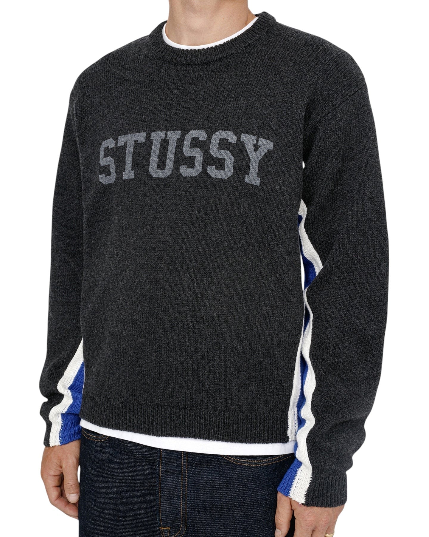 STUSSY CONTRAST STRIPE CREW CHARCOAL