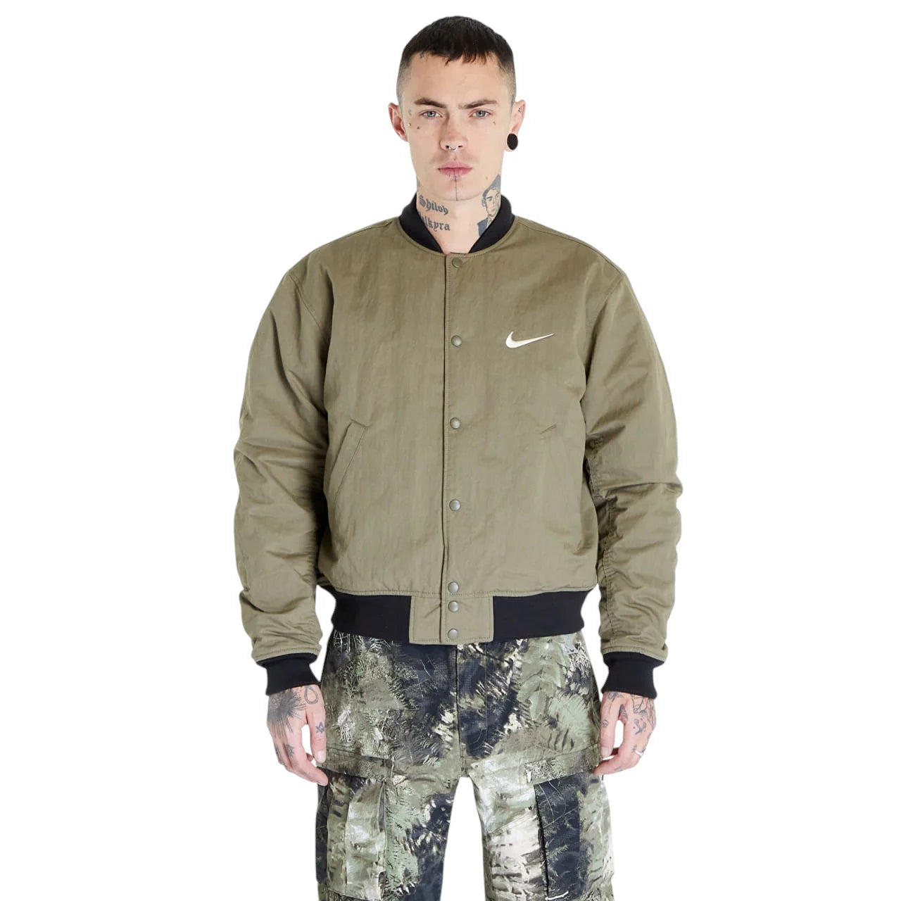 STUSSY X NIKE REVERSIBLE VARSITY JACKET MEDIUM OLIVE/BRIGHT MANDARIN